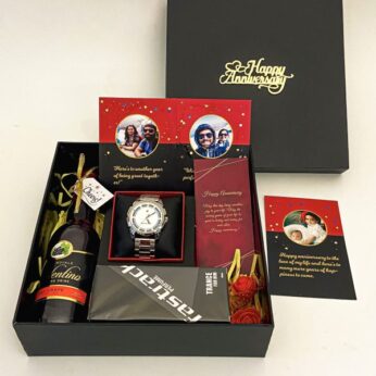 Special anniversary surprise gift for husband filled with perfume, watch, grape juice