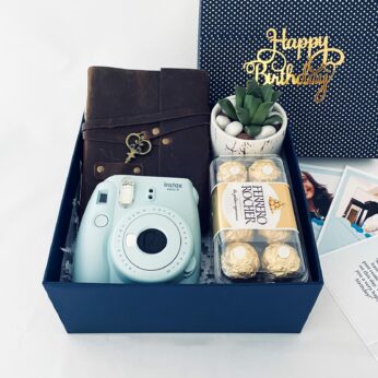 Gift a Luxury Mens day gift box with Vintage Journal Diary and Camera and a sweet greetings.