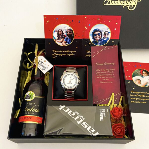 Special anniversary surprise gift for husband filled with perfume, watch, grape juice - Image 3