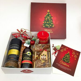 Cute Christmas corporate gift ideas with davidoff coffee, sparkling grape juice, cake and more