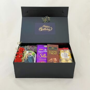 Elegant Birthday gift hamper with Wine, Ferrero and a sweet greetings.