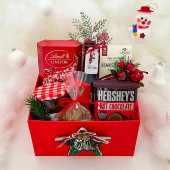 Perfect holiday gift box with Chocolates, Jam, wine, Holiday Decoration and more