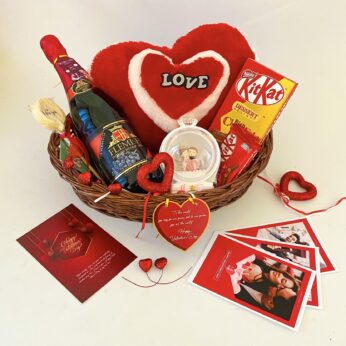 Dreamy Valentine’s Day Gift Basket with Couple Love Dome, Premium Chocolates, Velvety Wine, and More