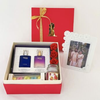 Memorable 25th Wedding Anniversary Gifts for Parents with Perfume, Macrons, Flower Decor And Photo Frames