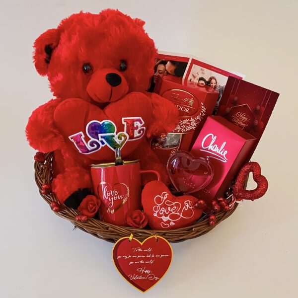 Cherry Red Valentine's Day Gift Hamper Filled with Chocolates, Teddy, Love Meter, and More - Image 2