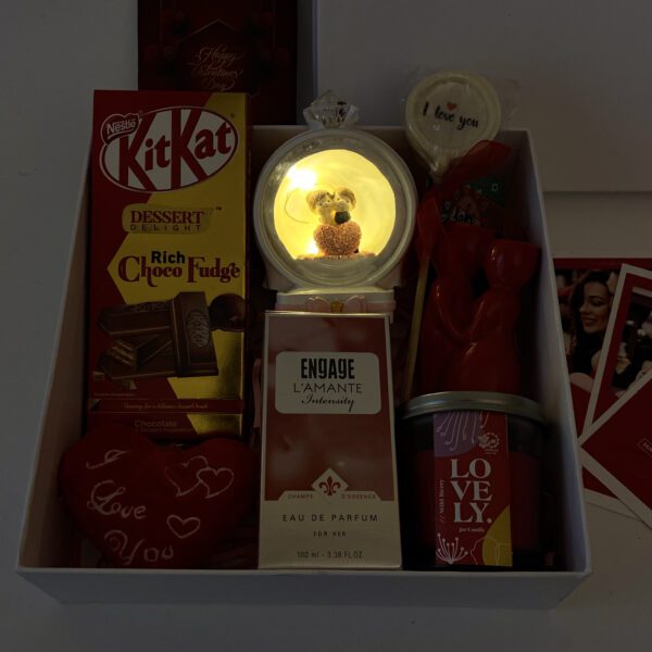 Alluring valentine's day gift hampers with elegant Couple Dome, Candy, Perfume And Cards - Image 3