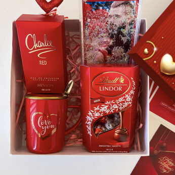 Royal Red Valentine’s Day gift hamper with branded chocolates, authentic perfume, and more