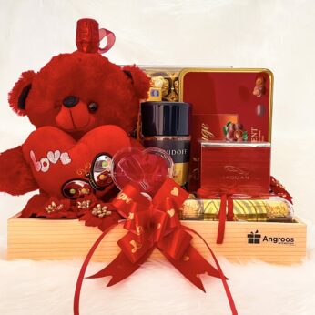 Heart warming luxury valentines day hamper with elegant Teddy, Toblerone, Chocolates, and more