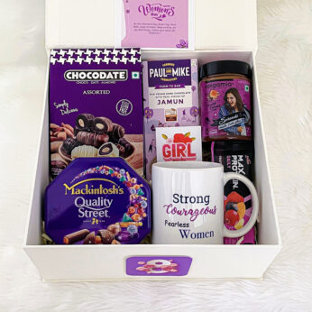 Mauve Delight womens day gift hampers With Chocolate Cuisines And Personalized Magic Mug