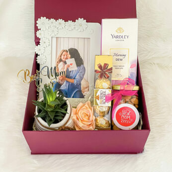 Mothers day sale 2022 | Stunning packaged mothers day gift box, from Angroos with Photo frame, Perfume, Almond bottle, Chocolates And Plant with pot