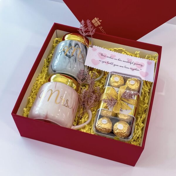 Congratulatory gift for newly married couple With Couple Mug Set And Chocolates - Image 2