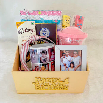 Send the happy birthday gift box that Includes Kids diary, chocolates, Hair band, photo print mug, Marshmallow candy x2, Greeting card and more.