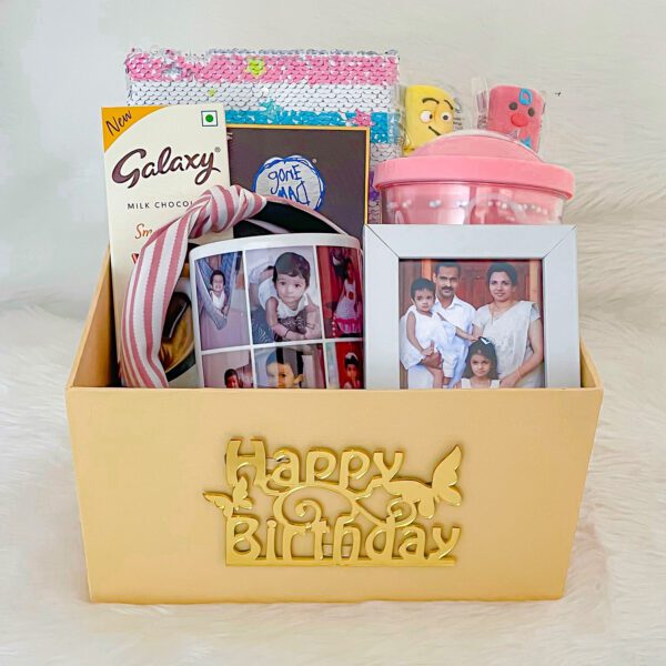 Send the happy birthday gift box that Includes Kids diary, chocolates, Hair band, photo print mug, Marshmallow candy x2, Greeting card and more. - Image 2