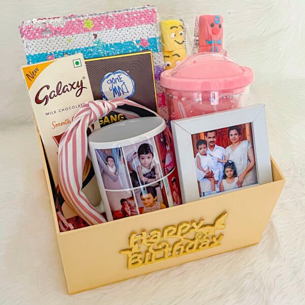 Send the happy birthday gift box that Includes Kids diary, chocolates, Hair band, photo print mug, Marshmallow candy x2, Greeting card and more. - Image 3