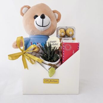 endearing birthday gift for 3 year girl, includes a teddy, chocolate and greeting