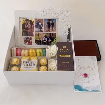 Elegant wedding anniversary gift for husband with perfume, wallet, and chocolates