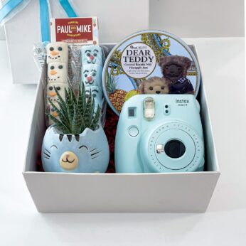 Blue & Grey Birthday Gift For Boys With Marshmallows, Coconut Biscuits, Polaroid Camera, And More