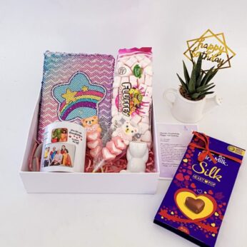 Charming birthday gift for little sister filled with Unicorn Diary, chocolates, & more