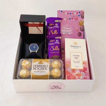 Enchanting birthday gift for girlfriend with a watch, chocolates, perfume, and more