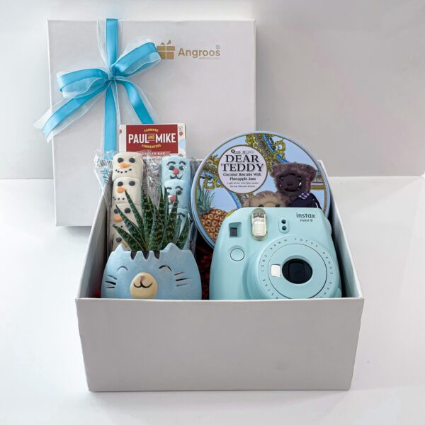 Blue & Grey Birthday Gift For Boys With Marshmallows, Coconut Biscuits, Polaroid Camera, And More - Image 2