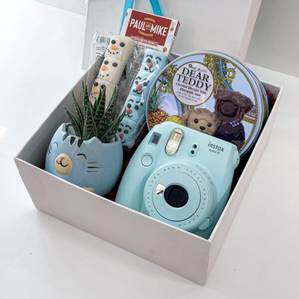 Blue & Grey Birthday Gift For Boys With Marshmallows, Coconut Biscuits, Polaroid Camera, And More - Image 3