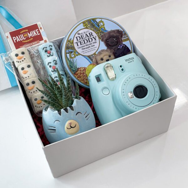 Blue & Grey Birthday Gift For Boys With Marshmallows, Coconut Biscuits, Polaroid Camera, And More - Image 4