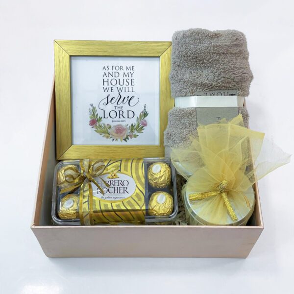 Golden Ecstasy Housewarming Gift With Chocolates, Face Towel, Scented Candle, And Photo Frame - Image 2