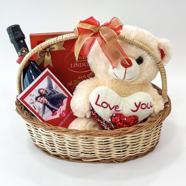 Love Story Valentine's Day Gift Basket With Chocolates, Red Wine, And Teddy Bear - Image 2