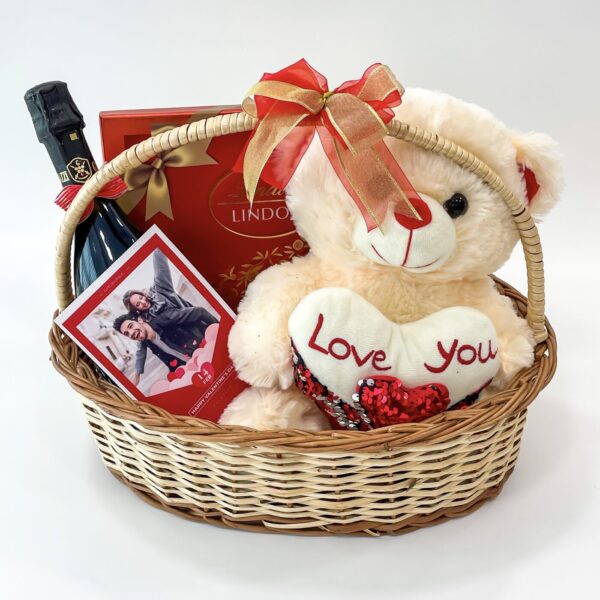 Love Story Valentine's Day Gift Basket With Chocolates, Red Wine, And Teddy Bear - Image 3