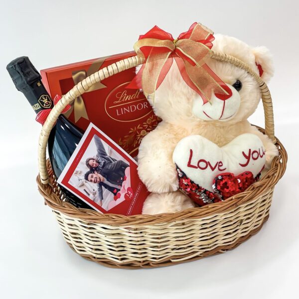 Love Story Valentine's Day Gift Basket With Chocolates, Red Wine, And Teddy Bear - Image 4