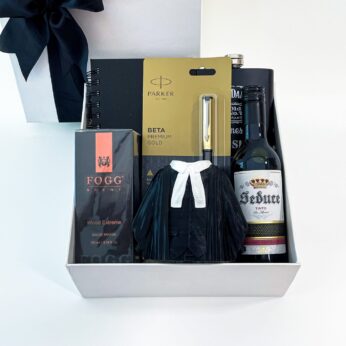 Happy Birthday Gift Hamper For Advocate With Perfume, Red Wine, Steel Hip Flask, And More