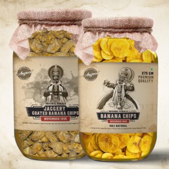 Ripe & Crunchy Kerala Banana Chips (270g) And Sharkkara Varatti (400g) Combo Pack Glass Jars With Jute Cloth Wrapping