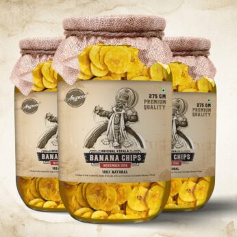 Original Kerala Banana Chips Glass Jar With Fine Jute Cloth Wrapping (3 Jars Of 275g)