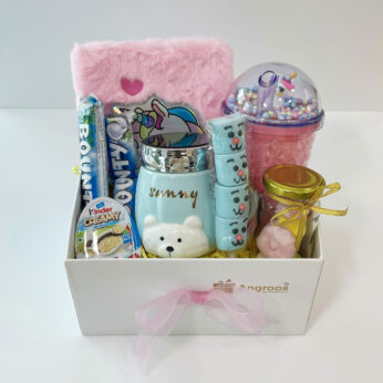 Joyful thank you gift for kid girl with chocolates, customized mug, and more.