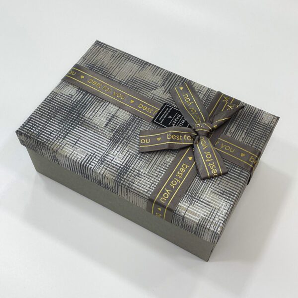 Ribbon Tied Ash-Colored Gift Box with Uneven Lines Texture ( 3 x 5.5 x 8.25 Inches ) - Image 2