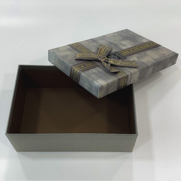 Ribbon Tied Ash-Colored Gift Box with Uneven Lines Texture ( 3 x 5.5 x 8.25 Inches ) - Image 4