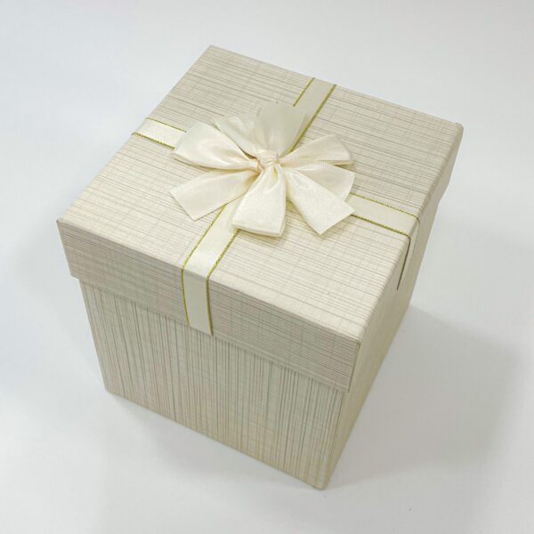 Off-White Gift Box with Ribbon Embellishment and Unique Uneven Line Texture - 7 x 6 3/4 x 6 3/4 Inches - Image 3