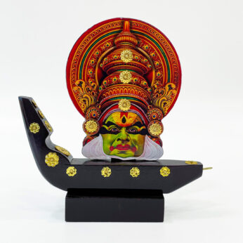 Printed Kathakali mask with wooden boat (H 8.25 x W 8 x L 1.75 inches)