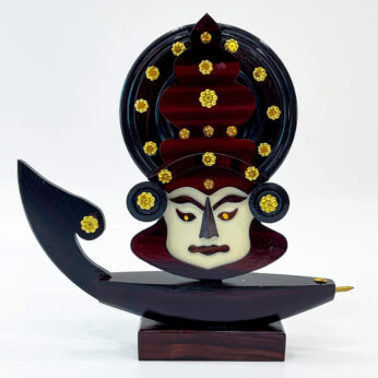 Dark brown wooden Kerala Kathakali mask with boat stand (H 10.5 x W 10.5 x L 1.5 inches)