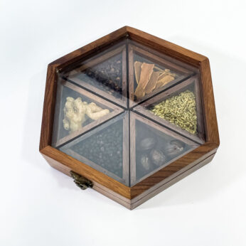 Handcrafted hexagon wooden spice box with 6 compartments for kitchen (H 2.25 x W 9 x L 7.75 Inches)