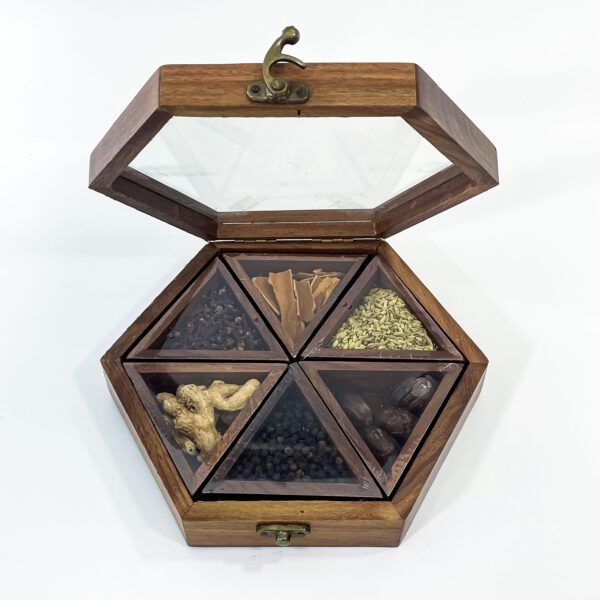 Handcrafted hexagon wooden spice box with 6 compartments for kitchen (H 2.25 x W 9 x L 7.75 Inches) - Image 2