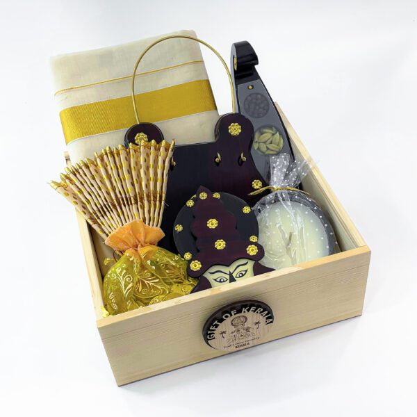 Exquisite Onam gift box embellished with a Kerala mundu, Udayada, and Kathakali head. - Image 4