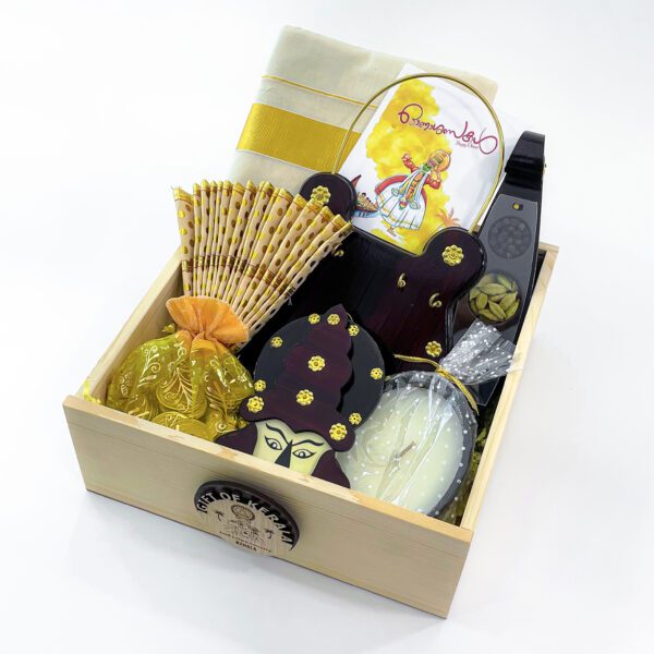 Exquisite Onam gift box embellished with a Kerala mundu, Udayada, and Kathakali head. - Image 5