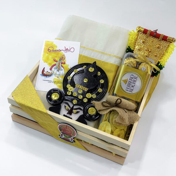 Delightful Kerala gift for father filled with Kerala mundu, Kathakali head, and more - Image 3