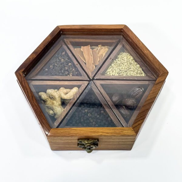 Handcrafted hexagon wooden spice box with 6 compartments for kitchen (H 2.25 x W 9 x L 7.75 Inches) - Image 3