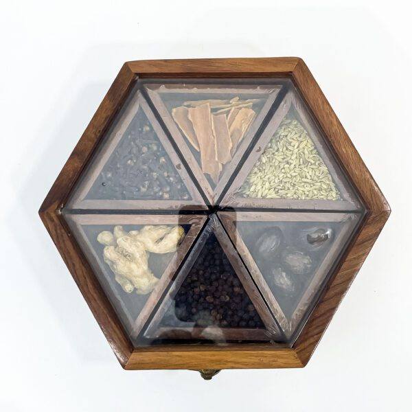 Handcrafted hexagon wooden spice box with 6 compartments for kitchen (H 2.25 x W 9 x L 7.75 Inches) - Image 4