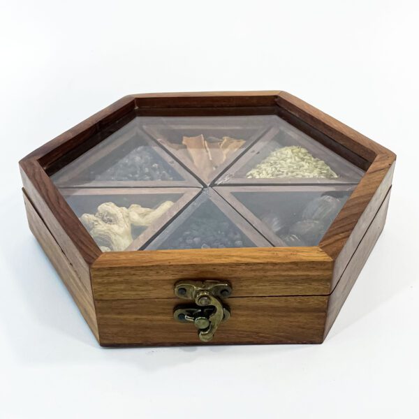 Handcrafted hexagon wooden spice box with 6 compartments for kitchen (H 2.25 x W 9 x L 7.75 Inches) - Image 5