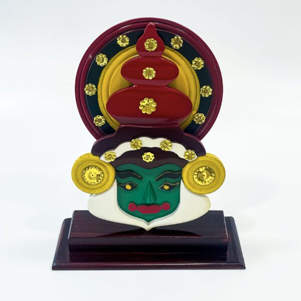 Handmade stunning multicolored kathakali face with wooden stand (9 x 7 x 3 cm) - Image 2