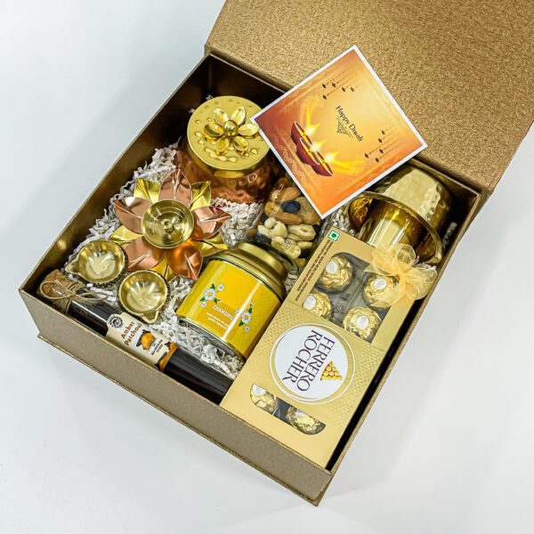 Sweet and Perfect Diwali Gift Hampers with Ferrero Rocher, Metal Lotus candle holder, Mixed nuts bottle and More - Image 2