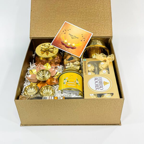 Sweet and Perfect Diwali Gift Hampers with Ferrero Rocher, Metal Lotus candle holder, Mixed nuts bottle and More - Image 3